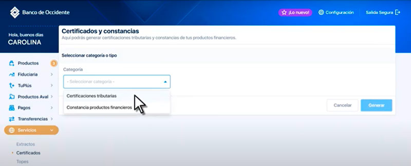 Opción Certificaciones tributarias y constancias productos financieros